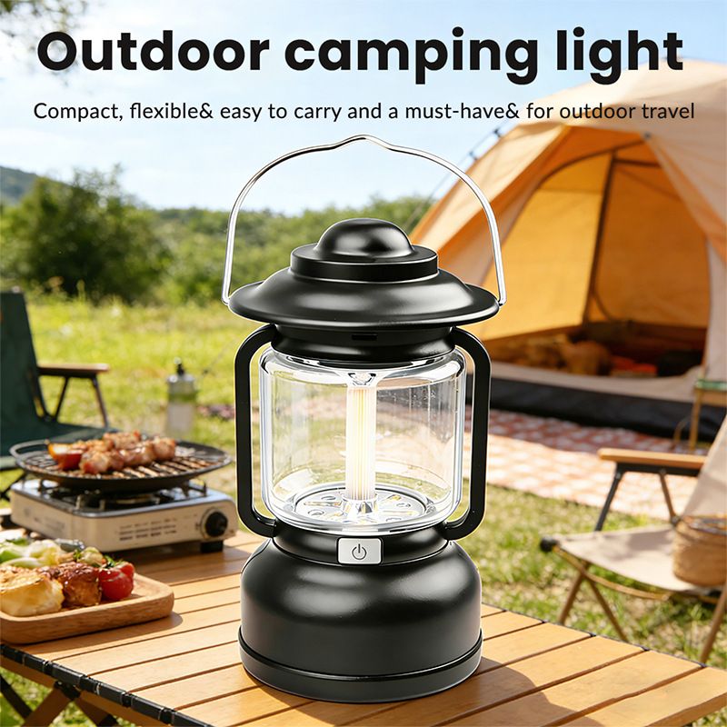 2PCS Silver and Grey Vintage LED Outdoor Camping Lantern with Warm Ambient Light - 7 Lighting Modes, 24H Long Runtime, USB-C Rechargeable, Stepless Dimming and Hanging Tent Light