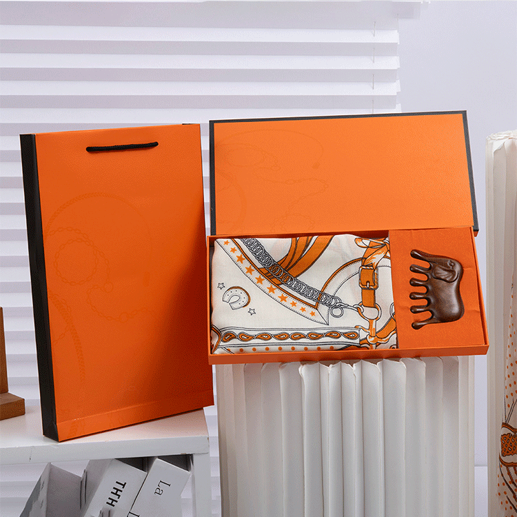 Luxury Orange Scarf Gift Set for Women - 70x70cm Belt Buckle Print Square Scarf with Elephant Comb, Stylish Neck Scarf & Hair Comb Set in Gift Box - Perfect Present for Birthday, Mother's Day, Anniversary