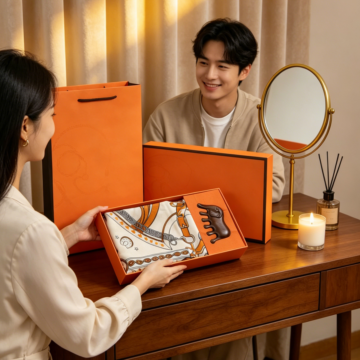 Luxury Orange Scarf Gift Set for Women - 70x70cm Belt Buckle Print Square Scarf with Elephant Comb, Stylish Neck Scarf & Hair Comb Set in Gift Box - Perfect Present for Birthday, Mother's Day, Anniversary