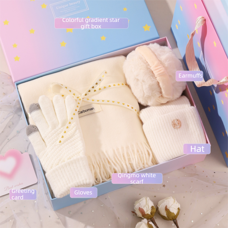 White Winter Scarf Gift Box Set for Women (4-Piece Set: Earmuffs, Hat, Gloves, and Scarf)- Soft Warm Scarf with Luxury Gift Packaging Birthday Present for Girlfriend Wife Daughter
