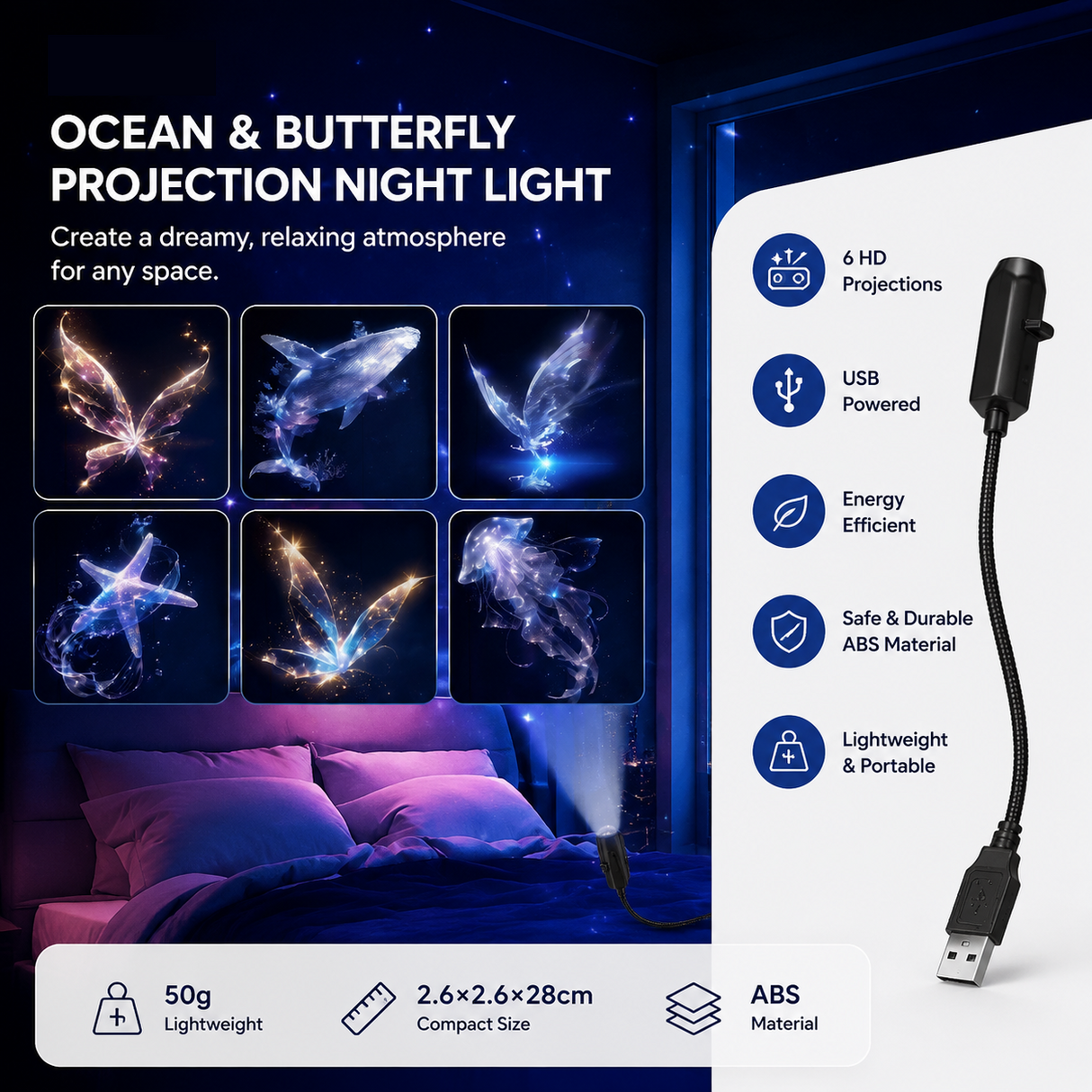 Black USB Projector Night Light –6-piece set Dreamy Butterfly and Marine Life Designs Rotating LED Lamp, Bedroom Atmosphere Projection Light