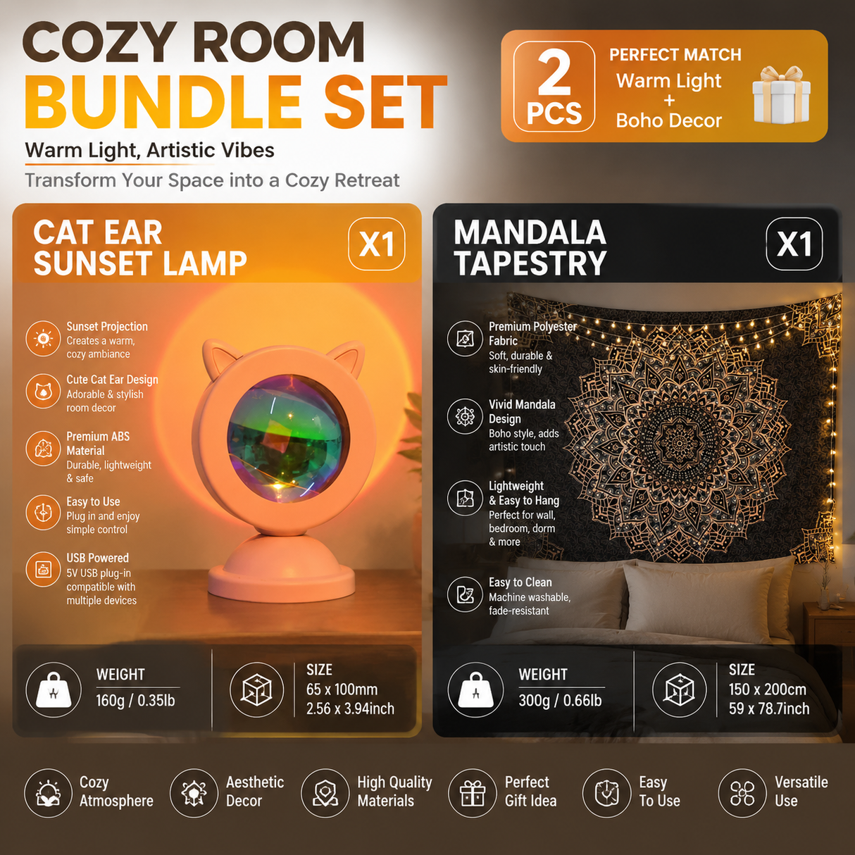 Pink Cat Ear Sunset Projection Lamp and 150x200cm Black Mandala Tapestry Combo - USB Powered ABS Mini Light withPolyester Wall Hanging for Bedroom, Living Room & Photography Ambiance