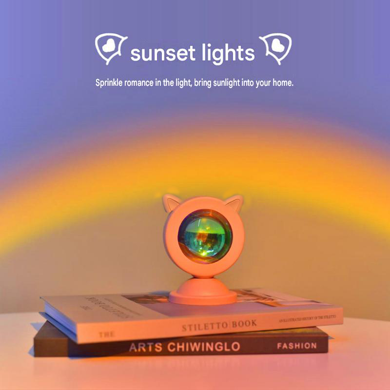 Pink Cat Ear Sunset Projection Lamp and 150x200cm Black Mandala Tapestry Combo - USB Powered ABS Mini Light withPolyester Wall Hanging for Bedroom, Living Room & Photography Ambiance