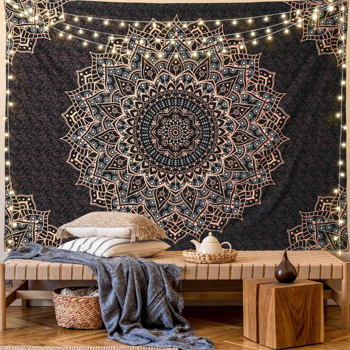 Pink Cat Ear Sunset Projection Lamp and 150x200cm Black Mandala Tapestry Combo - USB Powered ABS Mini Light withPolyester Wall Hanging for Bedroom, Living Room & Photography Ambiance