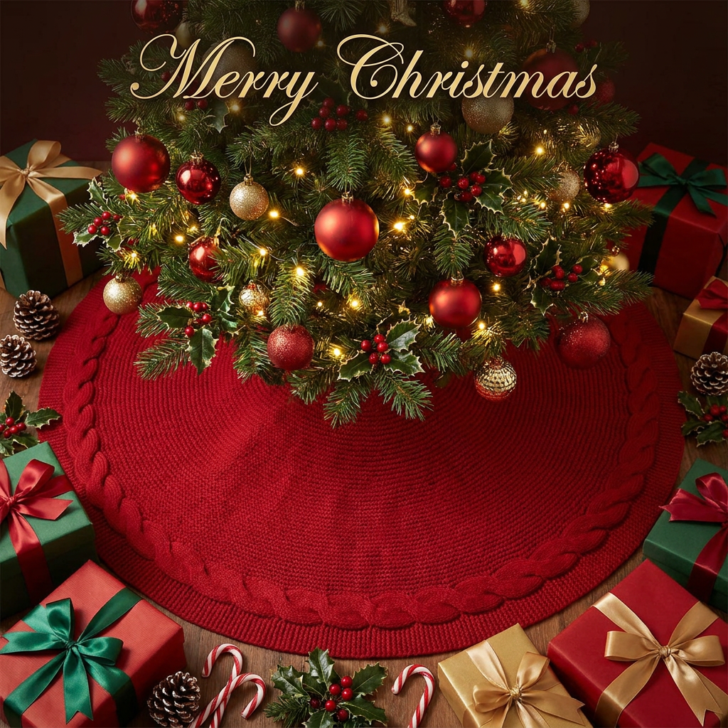 Knitted Christmas Tree Skirt 36 Inch Red Round Tree Base Cover with Cable Knit Border Soft Holiday Tree Skirt Rustic Christmas Decor for Home Fireplace Party Festive Gift Display