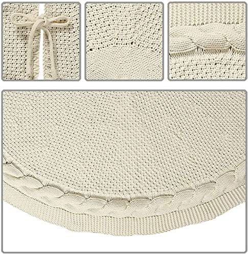 Knitted Christmas Tree Skirt 24 Inch White Round Tree Base Cover with Cable Knit Border Soft Holiday Tree Skirt Rustic Christmas Decor for Home Fireplace Party Festive Gift Display