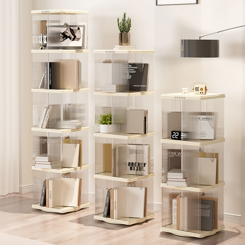 Rotating storage bookshelf square four layers- Cream White Multi-Layer Storage Rack, 36x36x135.5cm (ABS+PET)