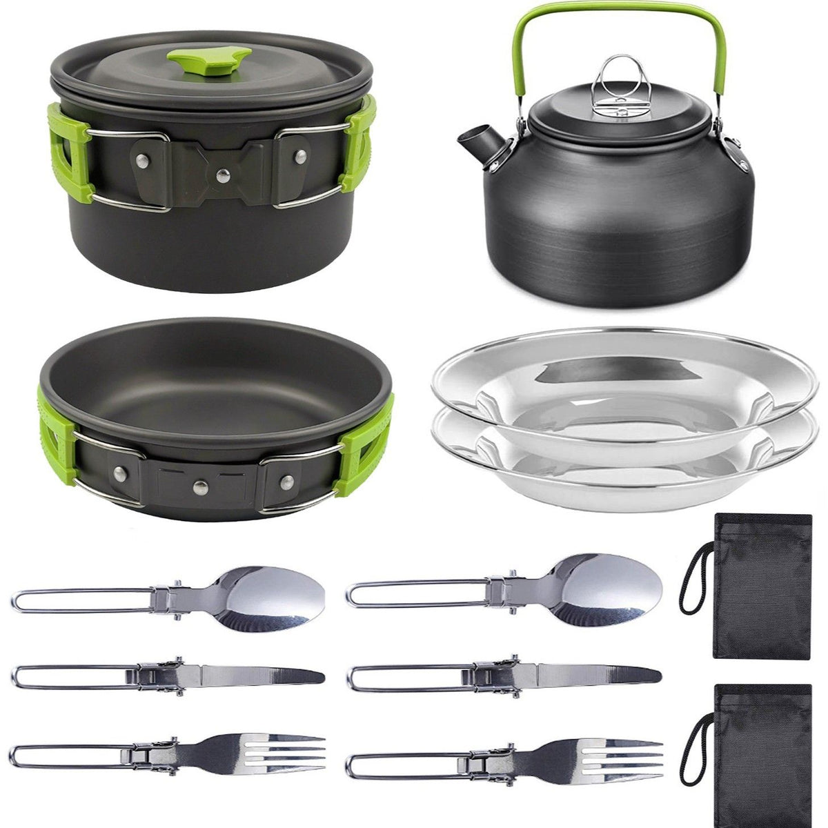 11PCS Green Camping Cookware Set – Lightweight Aluminium Camping Pots, Frying Pan, Kettle & Stainless Steel Cutlery, Portable Non-Stick Outdoor Cooking Set for 2-3 Person Camping, Hiking, Backpacking & Picnic