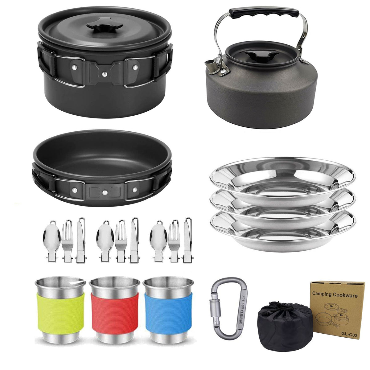 Black Camping Cookware Set for 2–3 People – Portable Outdoor Cooking Pot, Frying Pan & 1.1L Kettle Kit with Stainless Steel Plates, Cups & Cutlery, Lightweight Non-Stick Camping Cook Set for Hiking, Picnic, Backpacking & RV Travel