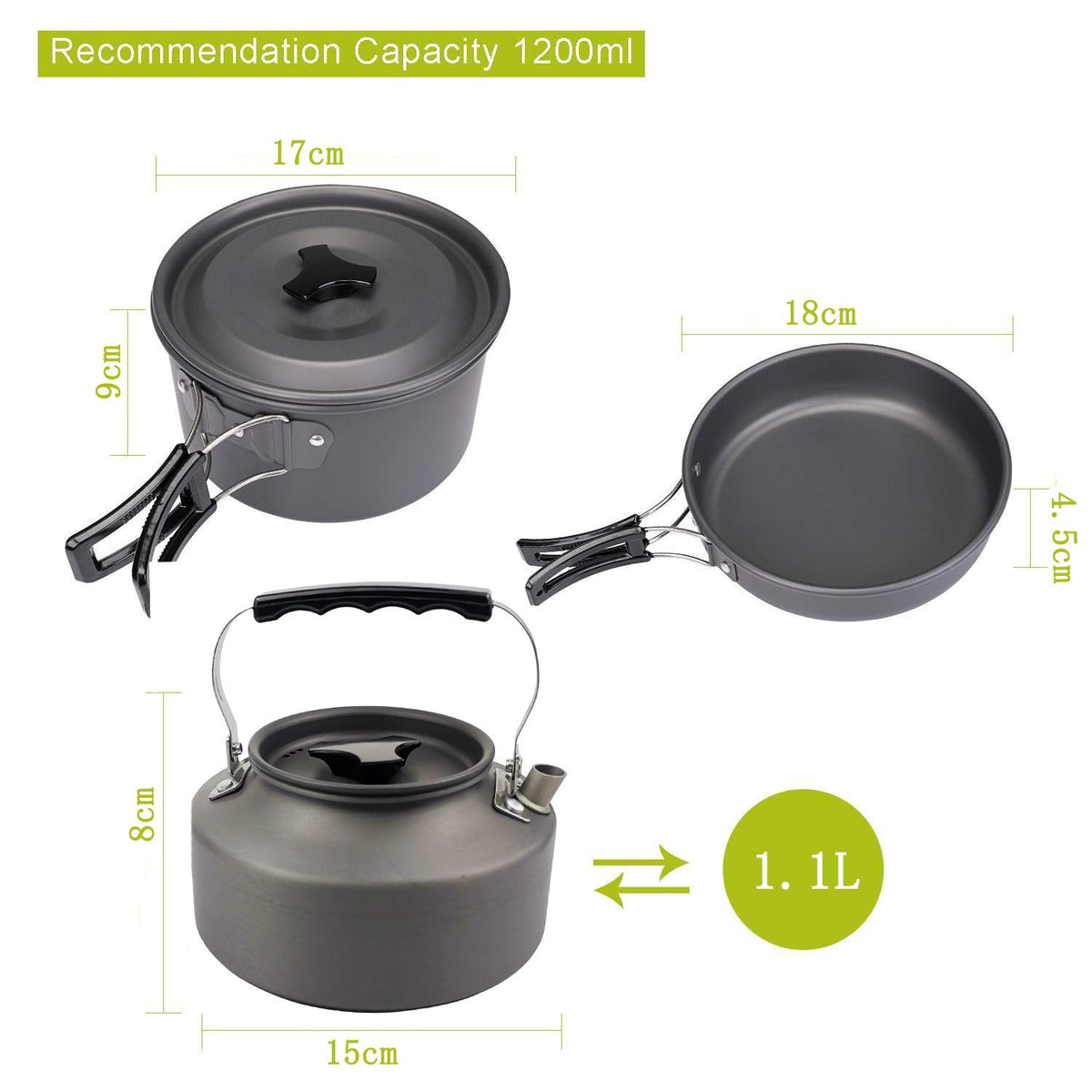 Black Camping Cookware Set for 2–3 People – Portable Outdoor Cooking Pot, Frying Pan & 1.1L Kettle Kit with Stainless Steel Plates, Cups & Cutlery, Lightweight Non-Stick Camping Cook Set for Hiking, Picnic, Backpacking & RV Travel