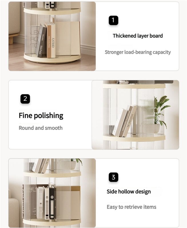 Rotating circular bookshelf with four layers- Cream White Multi-Layer Storage Rack, 40.5x40.5x135.5cm (ABS+PET)