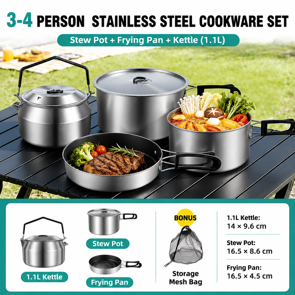 3-Piece Food Grade Stainless Steel Camping Cookware Set with 1.1L Kettle, Medium Stew Pot and Medium Frying Pan - Hangable and Foldable, Compact Nesting Storage, Anti Scald Wrapped Handle