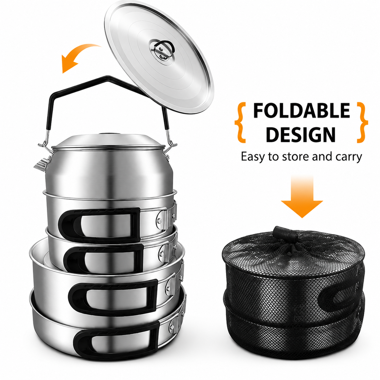 3-Piece Food Grade Stainless Steel Camping Cookware Set with 1.1L Kettle, Medium Stew Pot and Medium Frying Pan - Hangable and Foldable, Compact Nesting Storage, Anti Scald Wrapped Handle