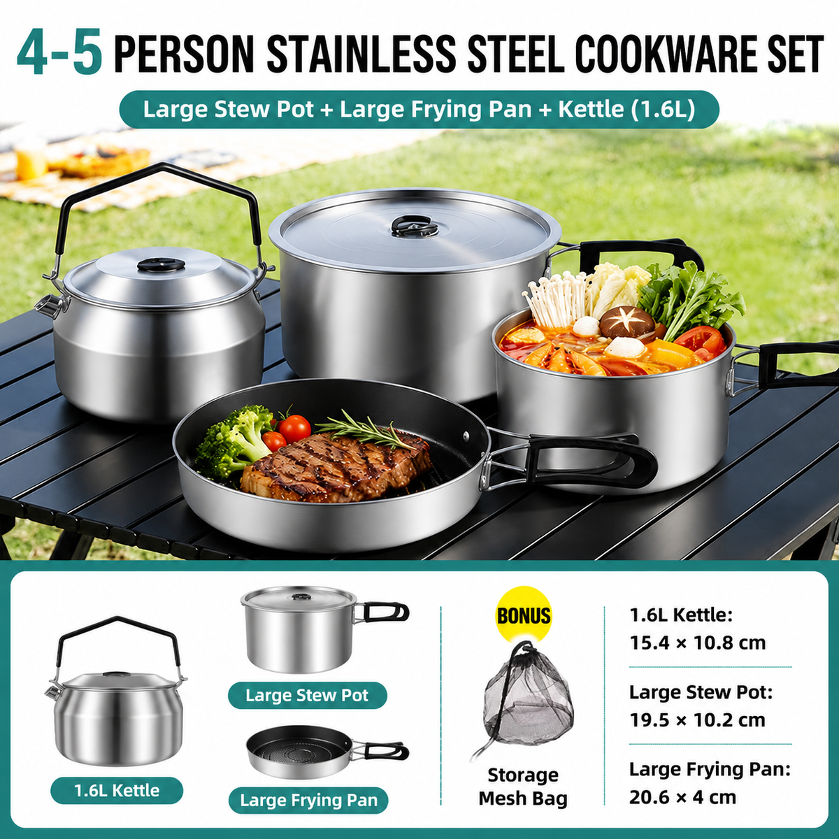 3-Piece Food Grade Stainless Steel Camping Cookware Set with 1.6L Kettle, Large Stew Pot and Large Frying Pan - Hangable and Foldable, Compact Nesting Storage, Anti Scald Wrapped Handle
