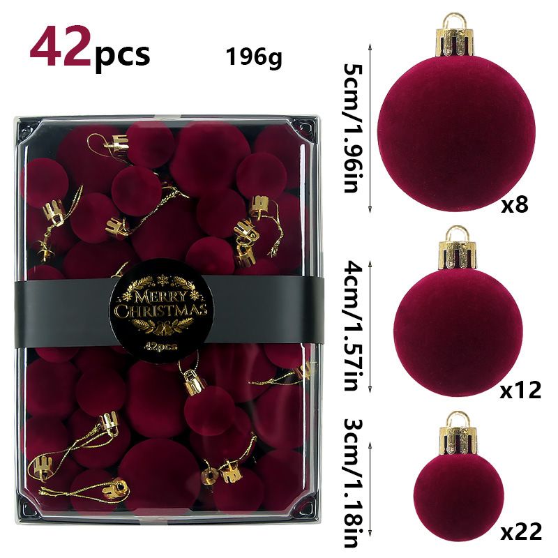 42 Piece Wine Red Flocked Christmas Baubles Set - Velvet Finish Tree Ornaments in 3 Sizes with Hanging Loops, Lightweight Festive Decorations in Gift Box