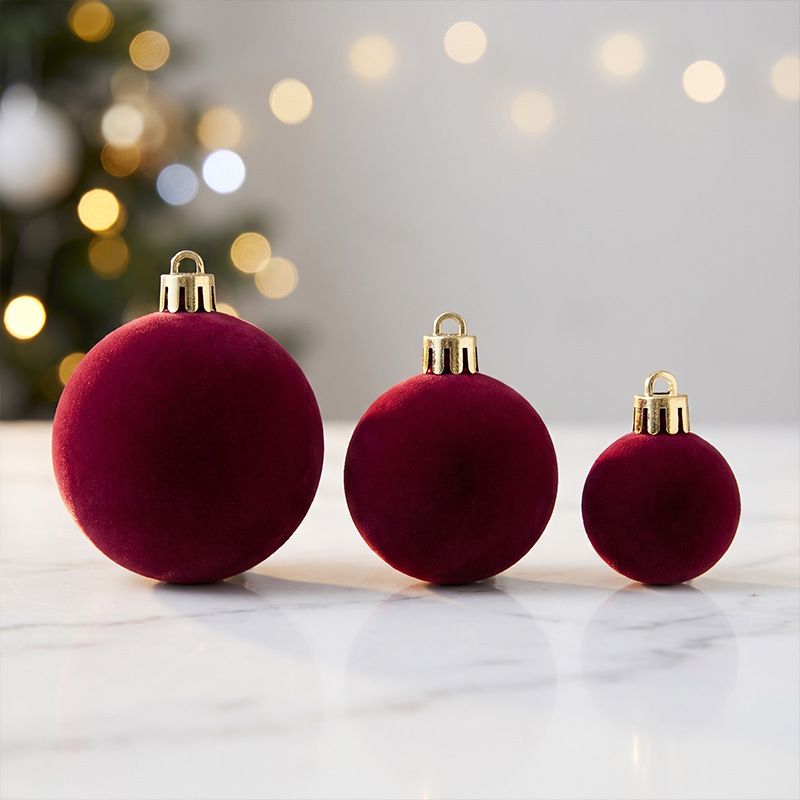 42 Piece Light Blue Flocked Christmas Baubles Set - Velvet Finish Tree Ornaments in 3 Sizes with Hanging Loops, Lightweight Festive Decorations in Gift Box