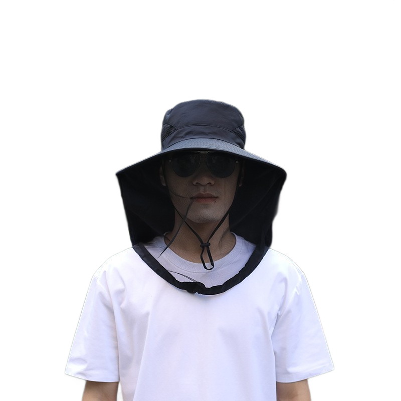 Black Sun Protection Hat with Mosquito Net - Wide Brim Bucket Hat with Neck Flap and Face Mesh, Breathable Outdoor Fishing Cap for Camping and Gardening