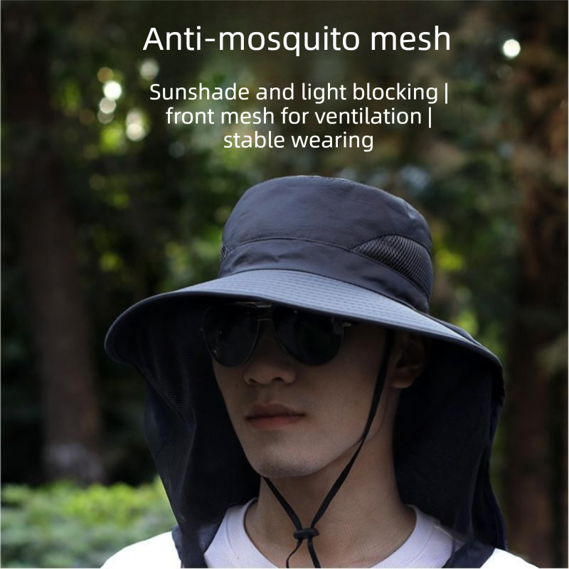 Blue Sun Protection Hat with Mosquito Net - Wide Brim Bucket Hat with Neck Flap and Face Mesh, Breathable Outdoor Fishing Cap for Camping and Gardening