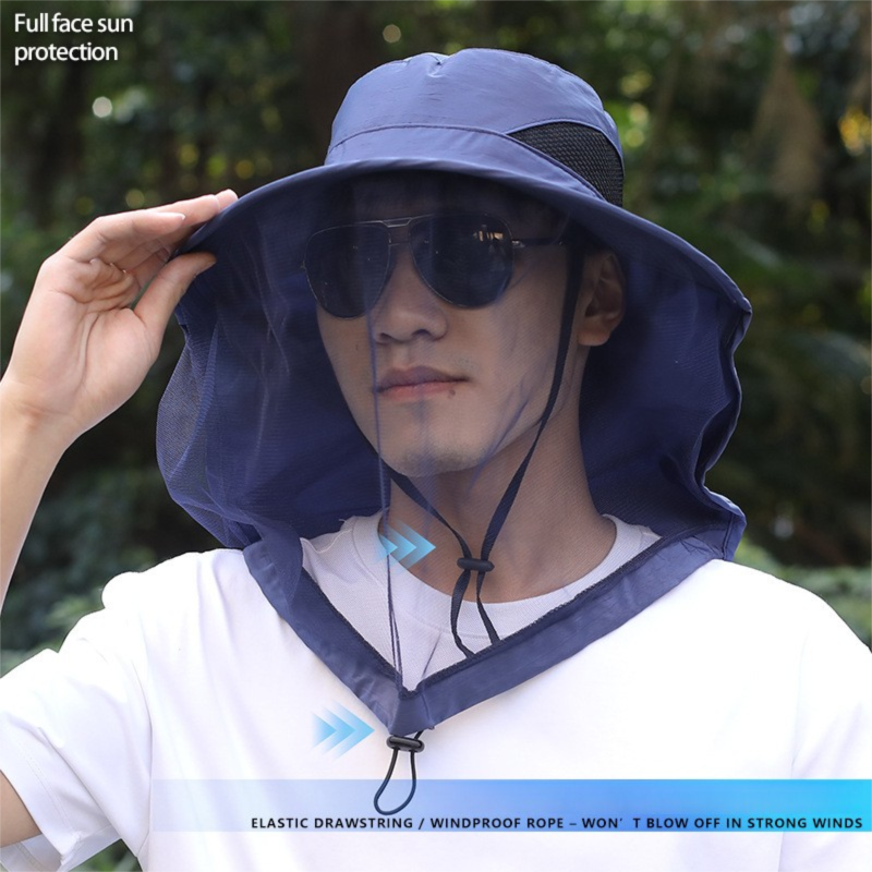 Blue Sun Protection Hat with Mosquito Net - Wide Brim Bucket Hat with Neck Flap and Face Mesh, Breathable Outdoor Fishing Cap for Camping and Gardening