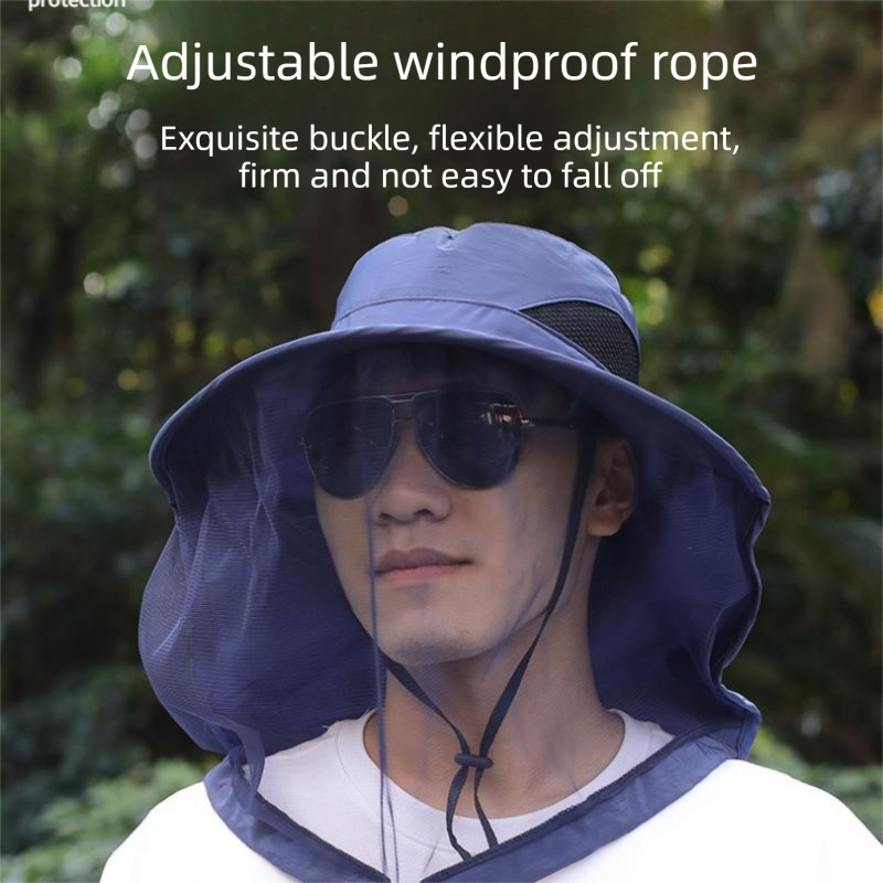 Light gray Sun Protection Hat with Mosquito Net - Wide Brim Bucket Hat with Neck Flap and Face Mesh, Breathable Outdoor Fishing Cap for Camping and Gardening