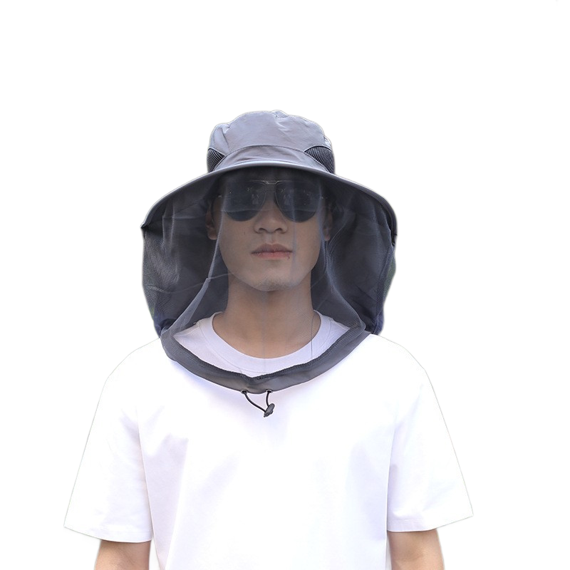Dark gray Sun Protection Hat with Mosquito Net - Wide Brim Bucket Hat with Neck Flap and Face Mesh, Breathable Outdoor Fishing Cap for Camping and Gardening