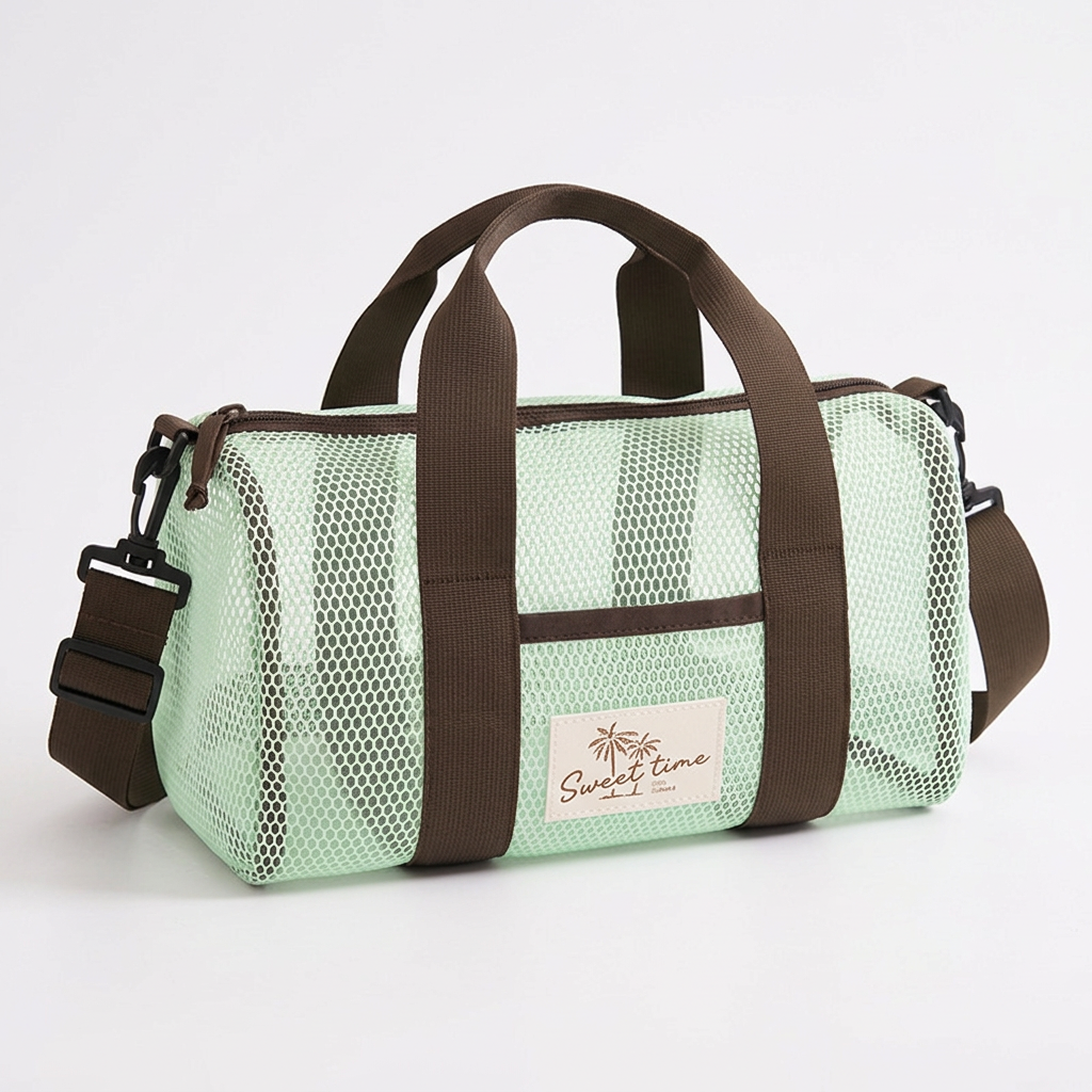 Green Mesh Beach Travel Bag - Large Capacity Hand Carry and Crossbody Storage Bag with Adjustable Shoulder Strap, Zipper Closure and Front Pocket for Swimming, Beach and Holidays