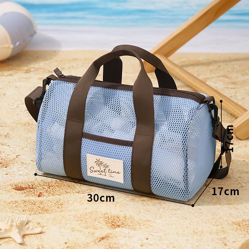 Blue Mesh Beach Travel Bag - Large Capacity Hand Carry and Crossbody Storage Bag with Adjustable Shoulder Strap, Zipper Closure and Front Pocket for Swimming, Beach and Holidays
