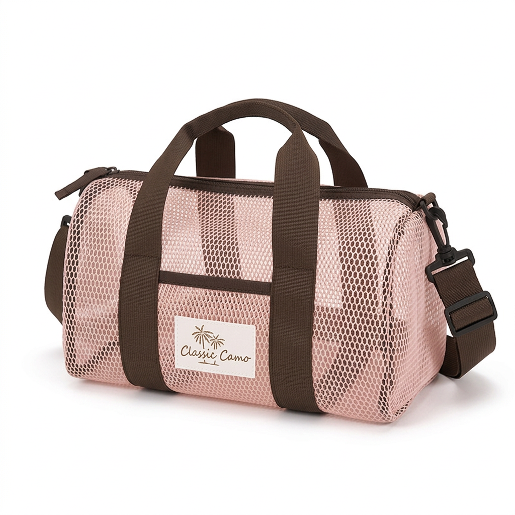 Pink Mesh Beach Travel Bag - Large Capacity Hand Carry and Crossbody Storage Bag with Adjustable Shoulder Strap, Zipper Closure and Front Pocket for Swimming, Beach and Holidays