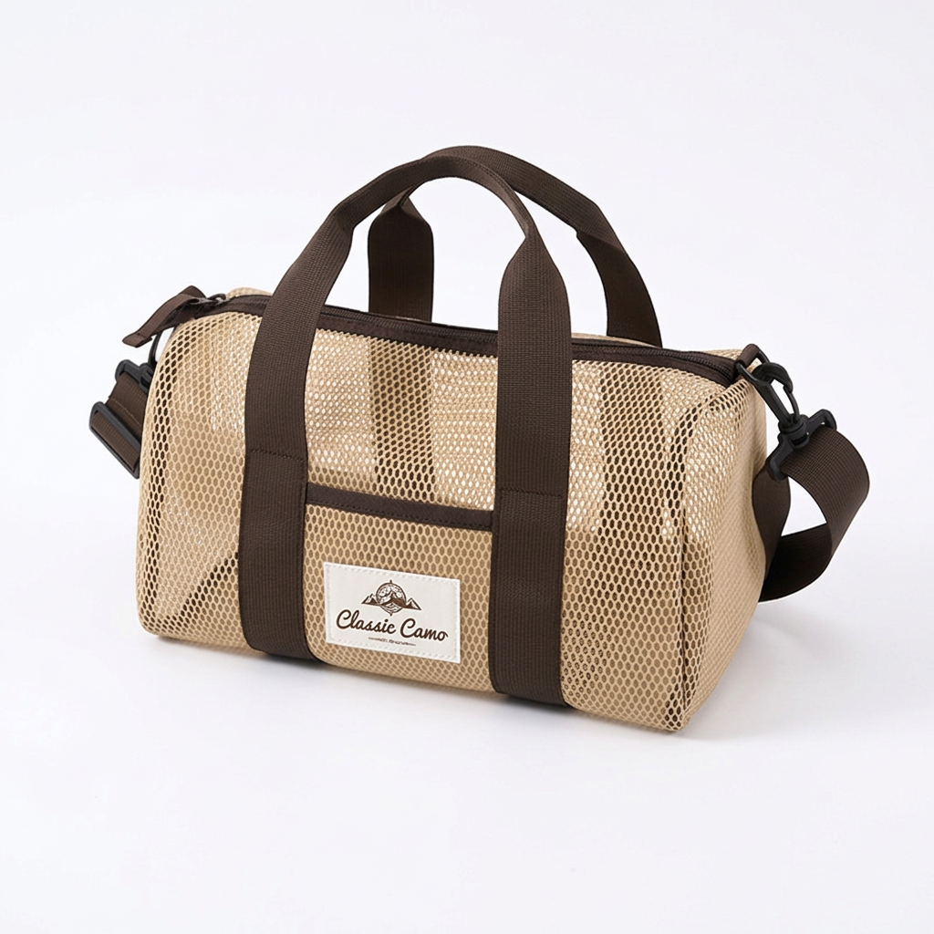 Khaki Mesh Beach Travel Bag - Large Capacity Hand Carry and Crossbody Storage Bag with Adjustable Shoulder Strap, Zipper Closure and Front Pocket for Swimming, Beach and Holidays