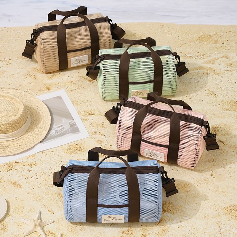 Khaki Mesh Beach Travel Bag - Large Capacity Hand Carry and Crossbody Storage Bag with Adjustable Shoulder Strap, Zipper Closure and Front Pocket for Swimming, Beach and Holidays