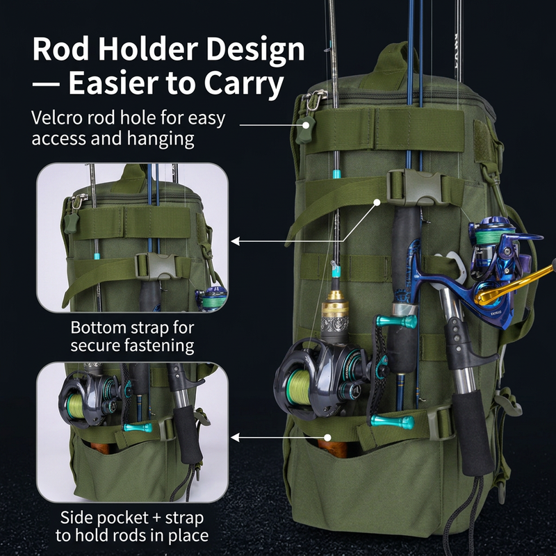 Black Fishing Tackle Backpack with Rod Holders - 43 cm Large Capacity Oxford Cloth Backpack with Multi Pockets, Adjustable Straps and Tool Storage for Fishing, Hiking and Travel
