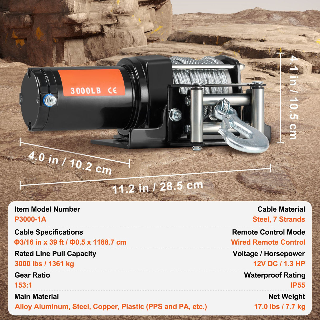 Electric Winch, 1361 kg Line Pull Capacity, 12V DC ATV/UTV Winch with Φ0.5 x 1188.7 cm 7 Strands Steel Cable Roller Fairlead Wired Remote Control, IP55 Waterproof for Towing UTV ATV Off-Road