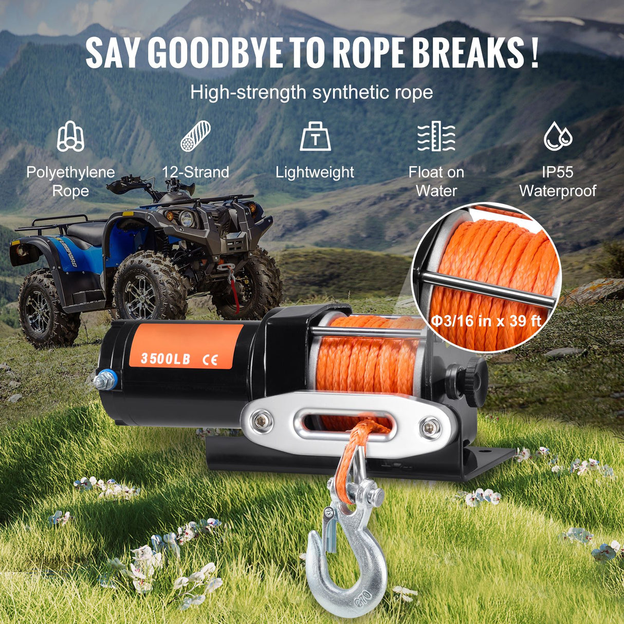 Electric Winch, 1588 kg Line Pull Capacity, 12V DC ATV Winch with Φ0.5 x 1188.7 cm 12 Strands Synthetic Rope Aluminum Fairlead Wired Remote Control, IP55 Waterproof for Towing ATV Boat