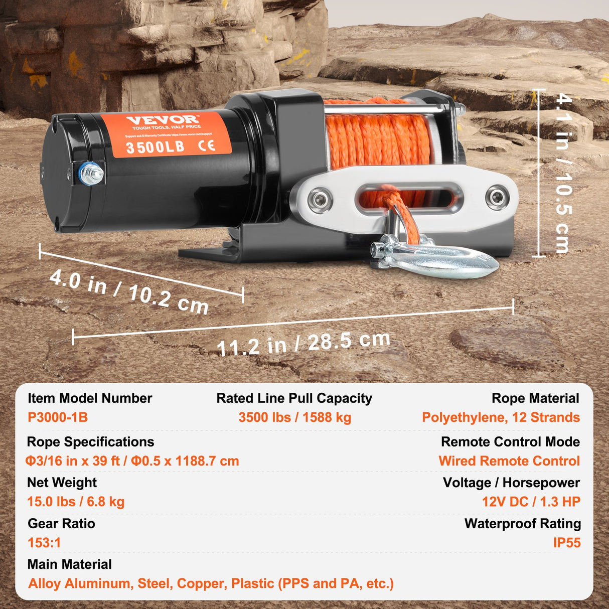 Electric Winch, 1588 kg Line Pull Capacity, 12V DC ATV Winch with Φ0.5 x 1188.7 cm 12 Strands Synthetic Rope Aluminum Fairlead Wired Remote Control, IP55 Waterproof for Towing ATV Boat