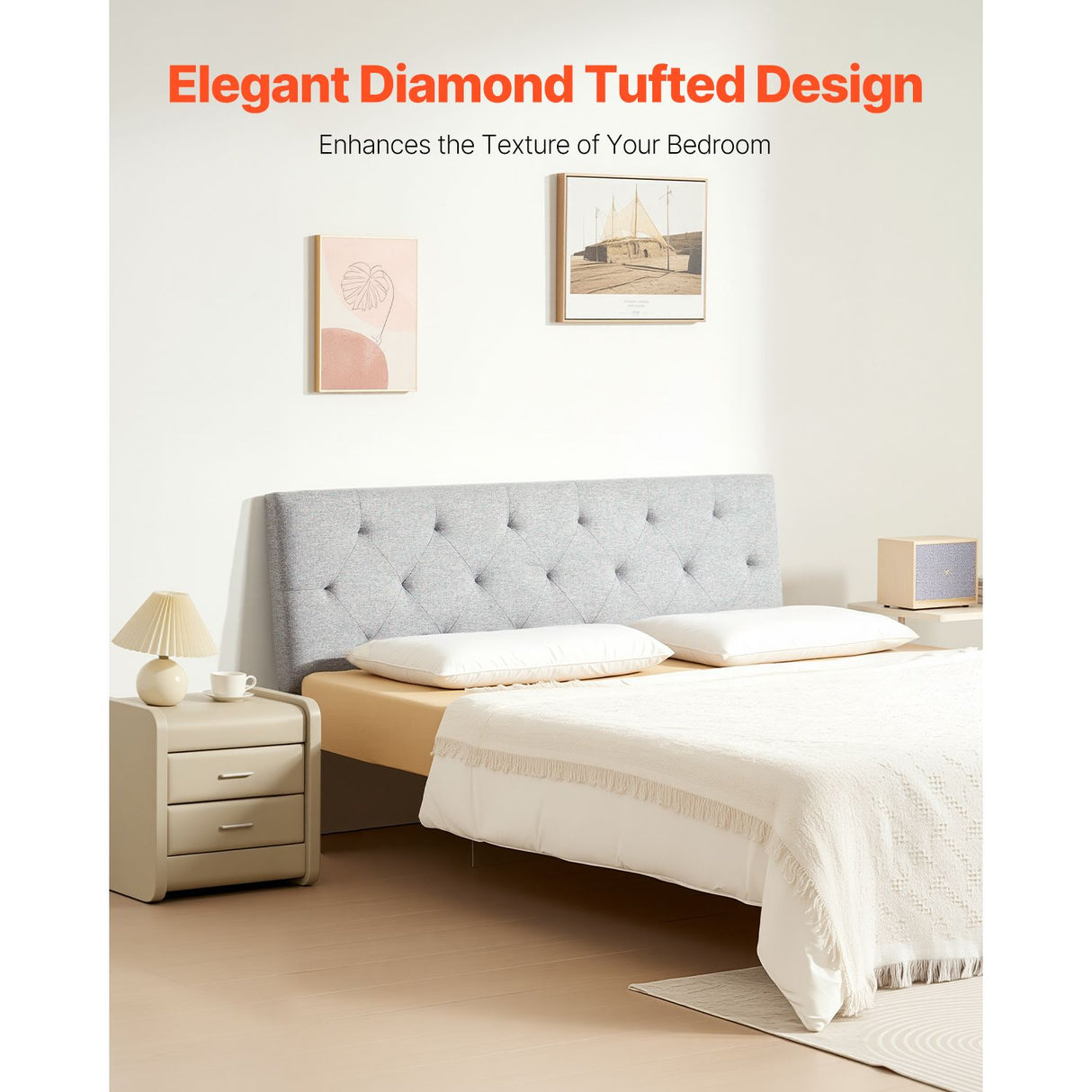 VEVOR Headboard, Full Size Headboard with Adjustable Height, Comfortable Diamond Tufted for Full Size Bed, W 56.3 x H(35.6-47.4)inches, Ideal for Bedroom, Hotel, Homestay, Dormitory, Light Grey