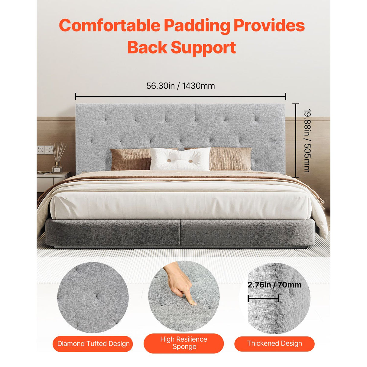 VEVOR Headboard, Full Size Headboard with Adjustable Height, Comfortable Diamond Tufted for Full Size Bed, W 56.3 x H(35.6-47.4)inches, Ideal for Bedroom, Hotel, Homestay, Dormitory, Light Grey