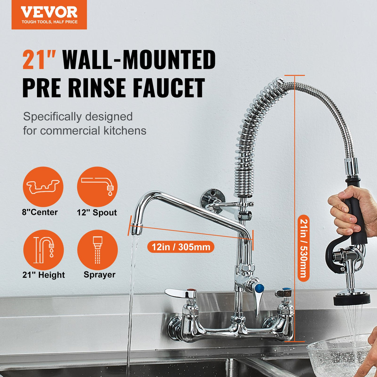 Commercial Faucet with Pre-Rinse Sprayer, 21" Height, 8" Center, 12" Swing Spout, Wall Mount Kitchen Sink Faucet, Brass Constructed Device with Pull Down Spray, for 1/2/3 Compartment Sink