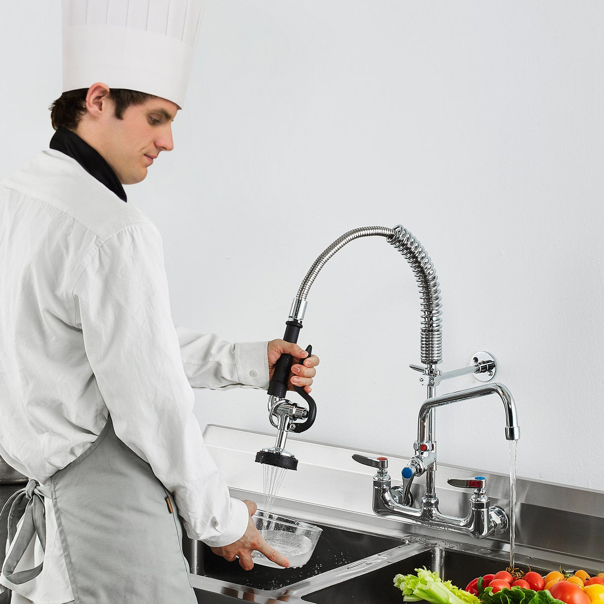 Commercial Faucet with Pre-Rinse Sprayer, 21" Height, 8" Center, 12" Swing Spout, Wall Mount Kitchen Sink Faucet, Brass Constructed Device with Pull Down Spray, for 1/2/3 Compartment Sink
