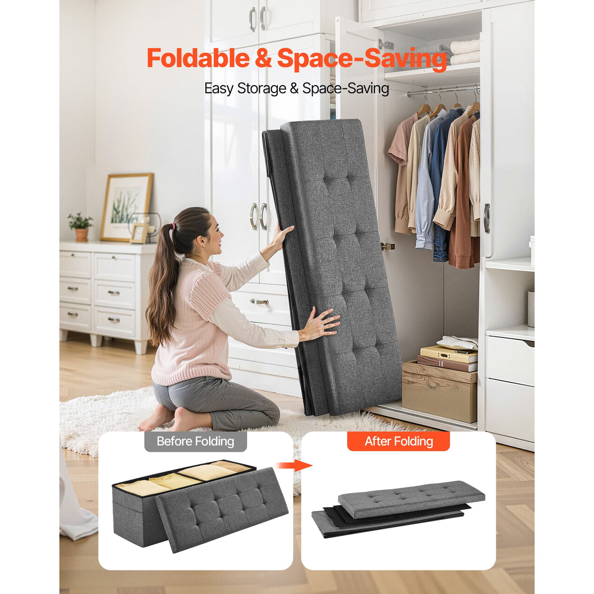 Foldable Storage Ottoman Bench, End of Bed Bench with Side Bags, Folding Upholstered Storage Chest Supports 660 lbs, Linen Bed Ottoman with Large Space for Living Room, Bedroom, Entryway, Grey