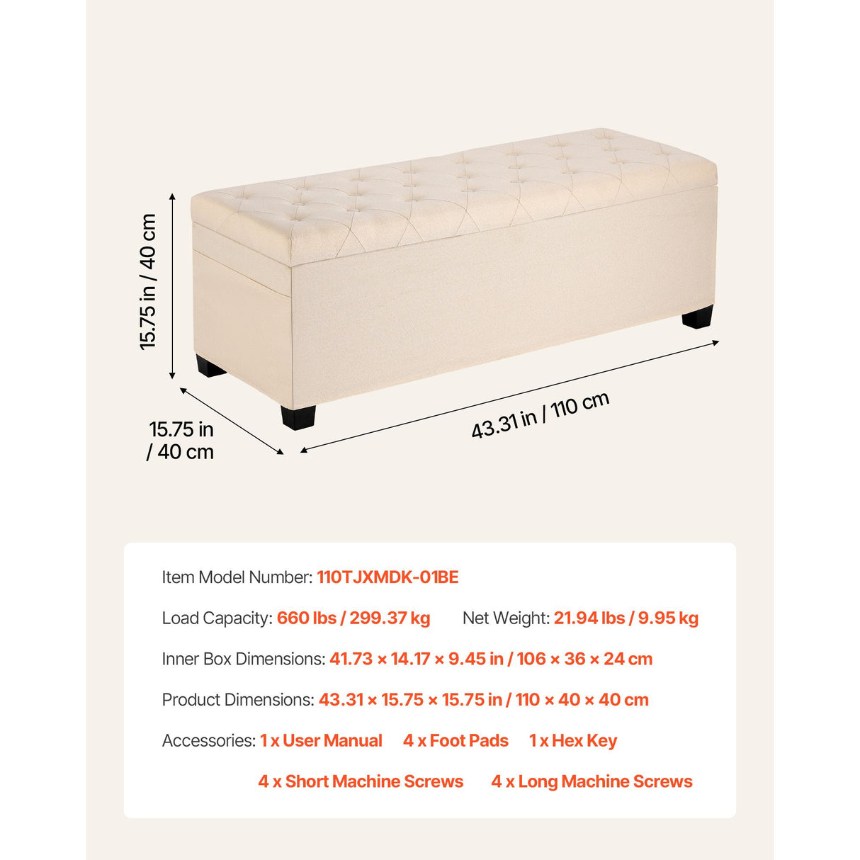VEVOR Storage Ottoman Bench, Button-Tufted End