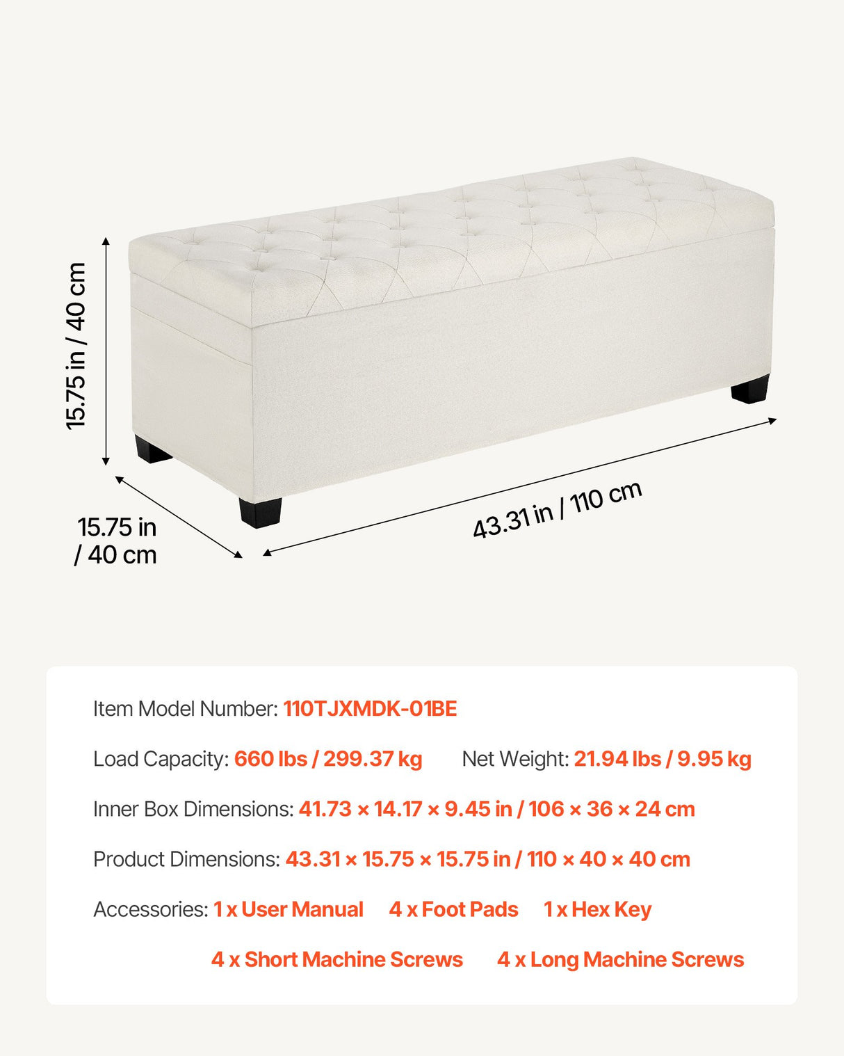 VEVOR Storage Ottoman Bench, Button-Tufted End