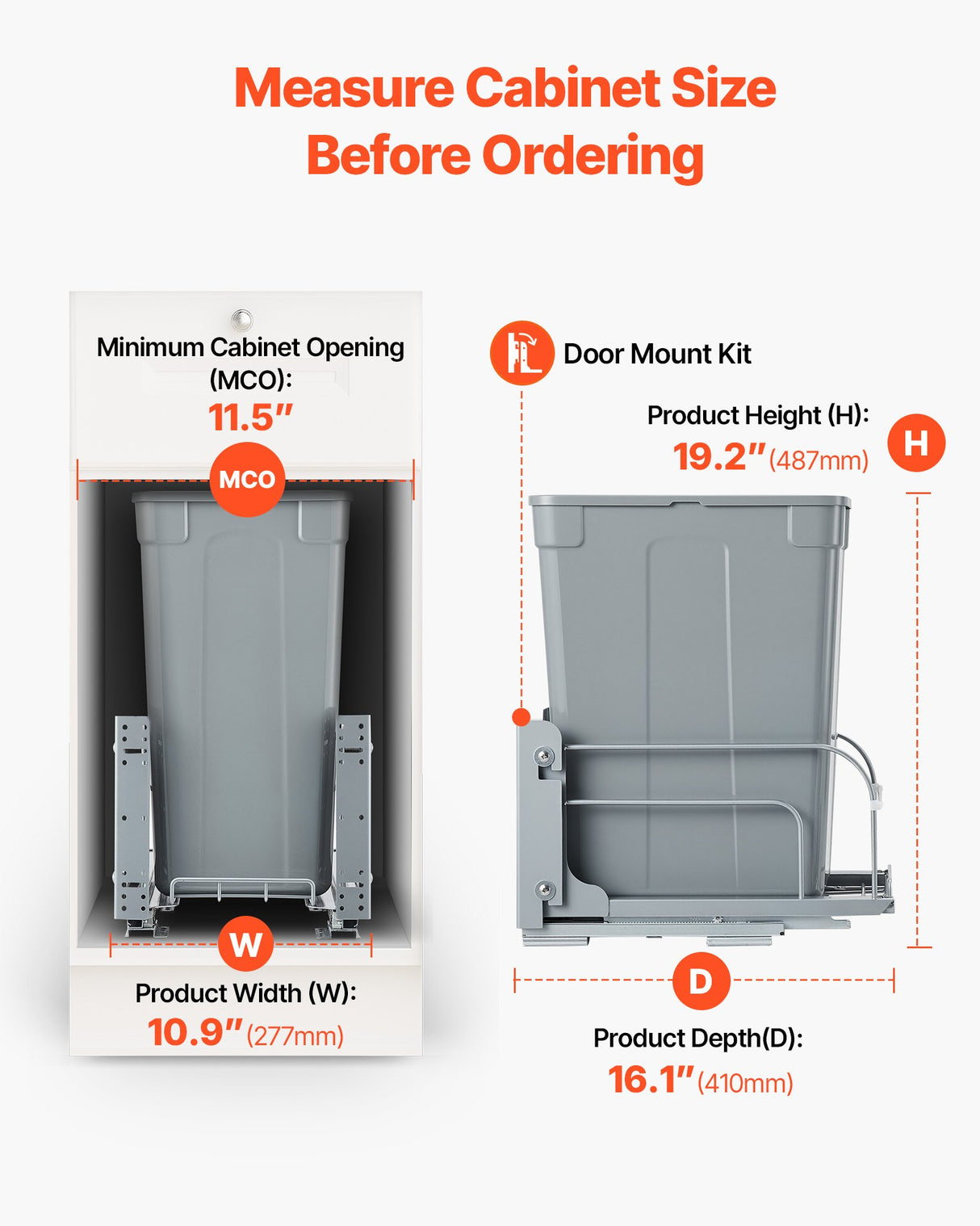 Pullout Trash Can for Kitchen Cabinets, Garbage Waste Recycling Bin, Under Mount Waste Container, with Heavy Duty Metal Soft Close Sliding System and Door Kit, for Sink, Under Counter