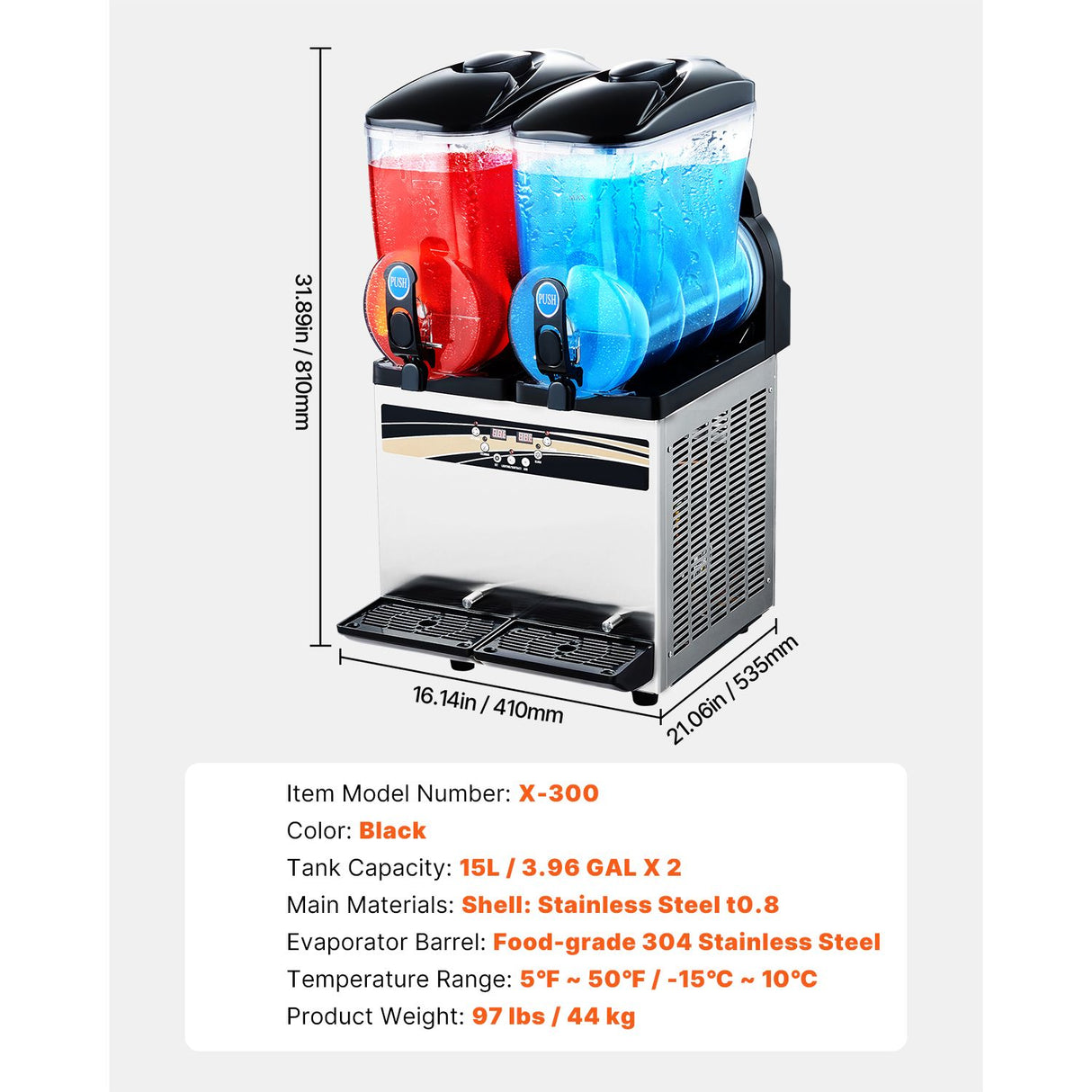 VEVOR Commercial Frozen Drink Maker, 15Lx2 Double Tank Slushy Machine, 120 Cups Stainless Steel Margarita Smoothie Frozen Drink Machine, Slushie Maker for Home Party Restaurants Cafe Bars