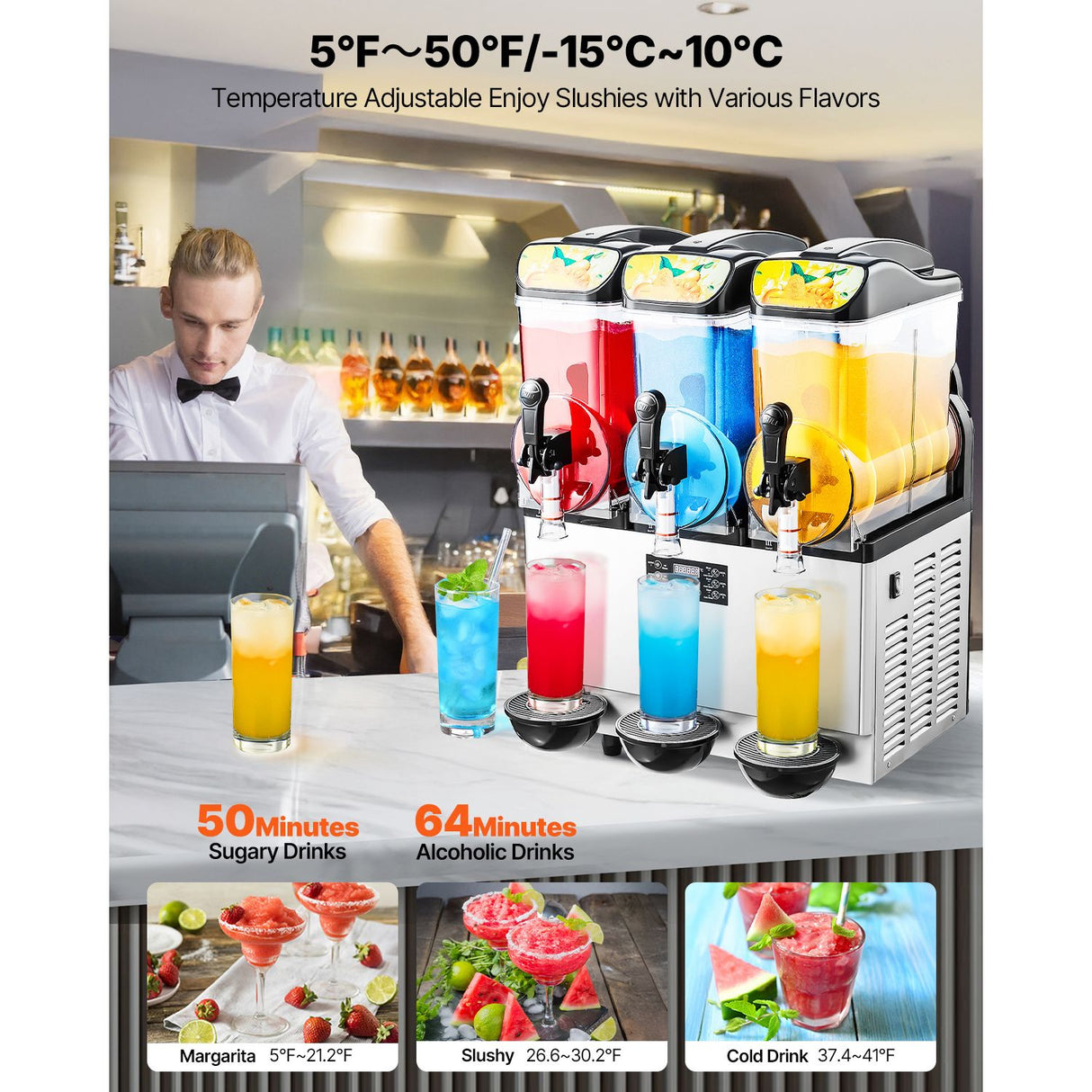 VEVOR Commercial Frozen Drink Maker, 15Lx3 Triple Tank Slushy Machine, 180 Cups Stainless Steel Margarita Smoothie Frozen Drink Machine, Slushie Maker for Home Party Restaurants Cafe Bars