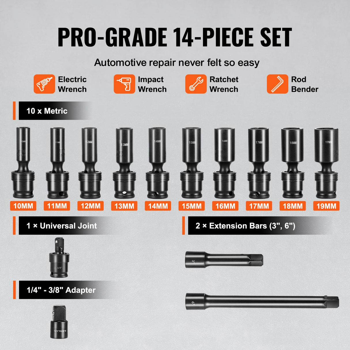 360 Degree Swivel Impact Sockets Set 14pcs 6-Point 3/8in Drive Socket Set