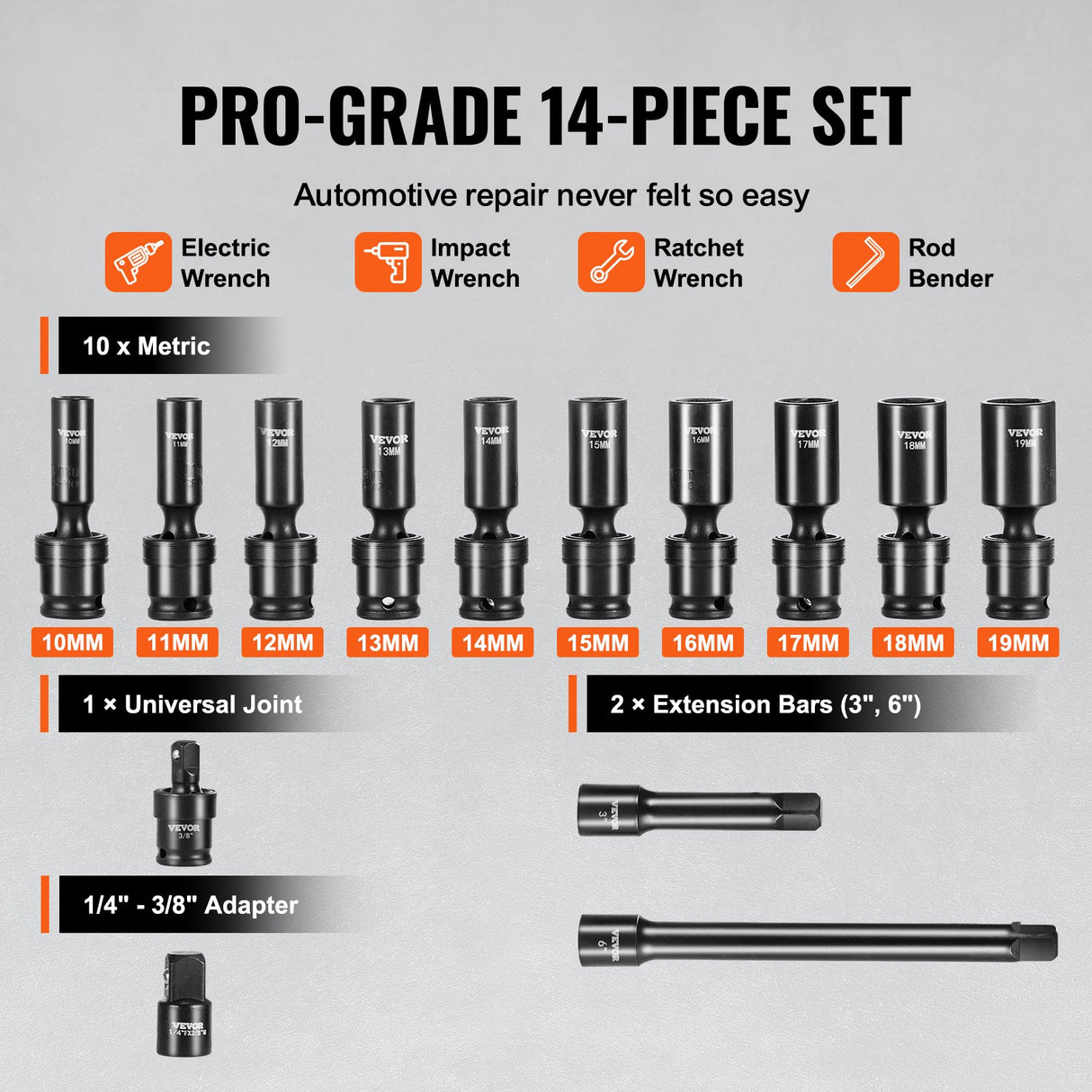360 Degree Swivel Impact Sockets Set 14pcs 6-Point 3/8in Drive Socket Set