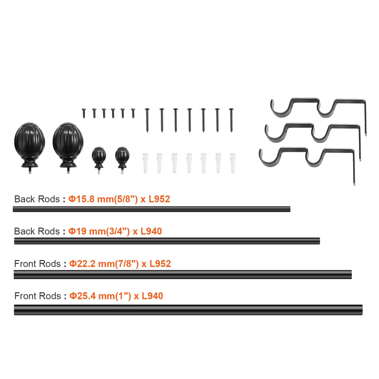 VEVOR Double Rod Curtain Rods, 36-72 inches(3-6ft) Adjustable Length, Black Double Curtain Rods with Round Finials, 1" and 3/4" Diameter, Double Window Drapery Rod for Sheer and Blackout Curtains