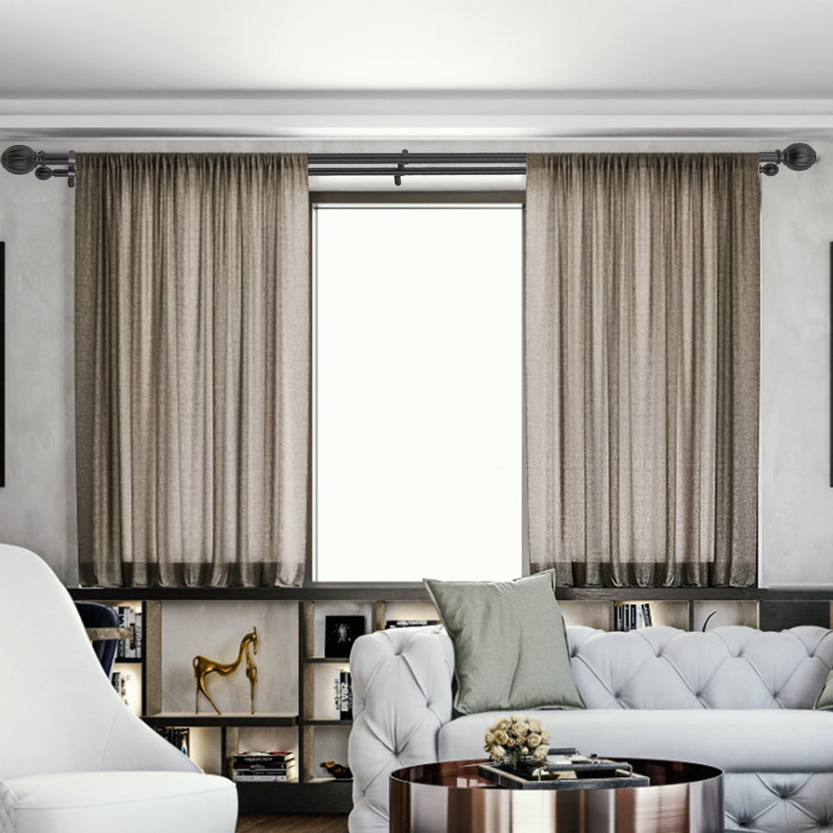 VEVOR Double Rod Curtain Rods, 36-72 inches(3-6ft) Adjustable Length, Black Double Curtain Rods with Round Finials, 1" and 3/4" Diameter, Double Window Drapery Rod for Sheer and Blackout Curtains