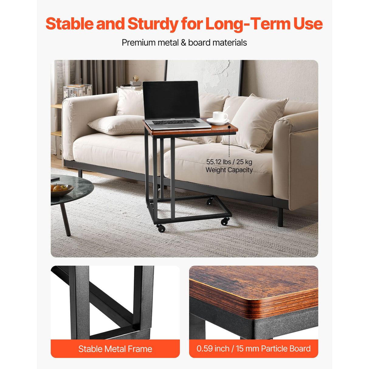 VEVOR C Table, C Shaped Sofa Side Table with Metal Frame Rolling Casters, Portable C Shaped End Stand for Living Room Bedroom Office, 19.69 x 13.78 x 23.82 inches Laptop Side Tables, Brown and Black