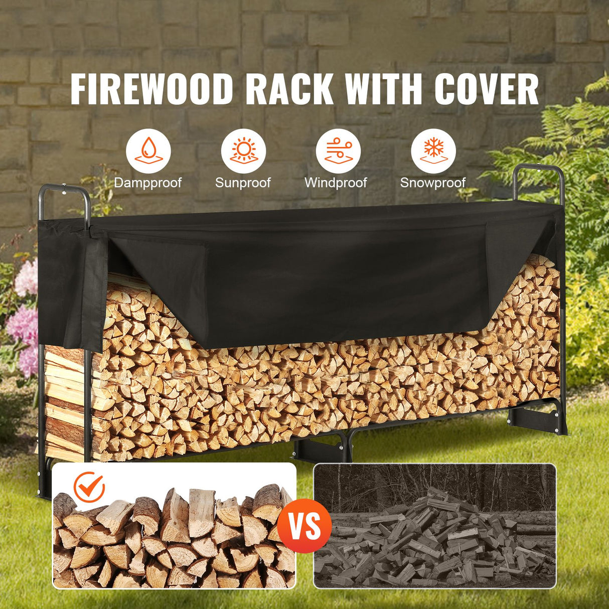 VEVOR Firewood Rack with Waterproof Cover, 257 x 36 x 117 cm Outdoor Firewood Holder, 660lb Weight Capacity, 1/2 Cord Log Holder, Half-Covered, Powder-coated Wood Storage Rack for Fireplace Deck
